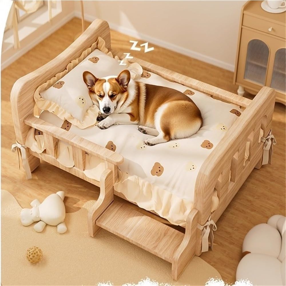 Solid Wood Pet Bed for Small and Medium Dogs, Elevated Wooden Dog Bed with Cushion and Mat, Pet Sofa for Indoor