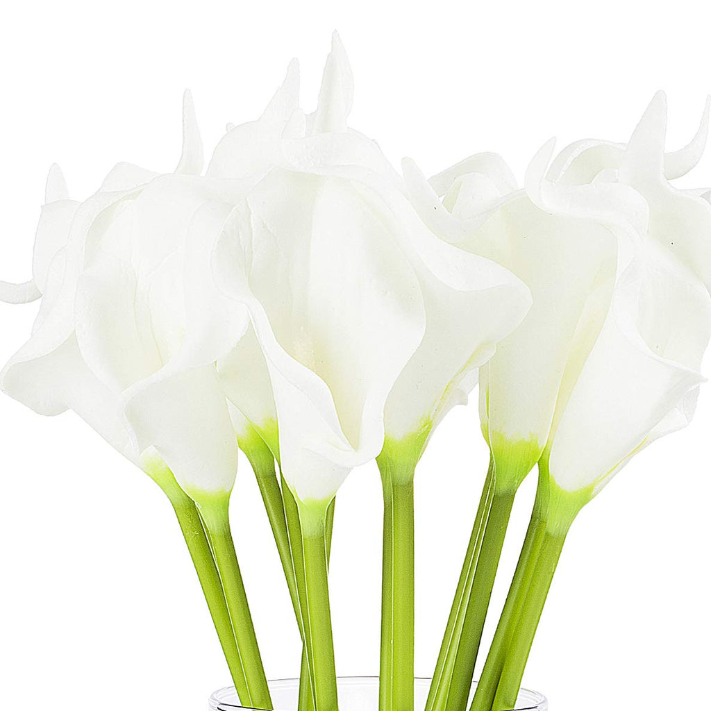 Artificial Real Touch Calla Lily Flower Arrangement in Clear Glass Vase with Faux Water Decor (White)