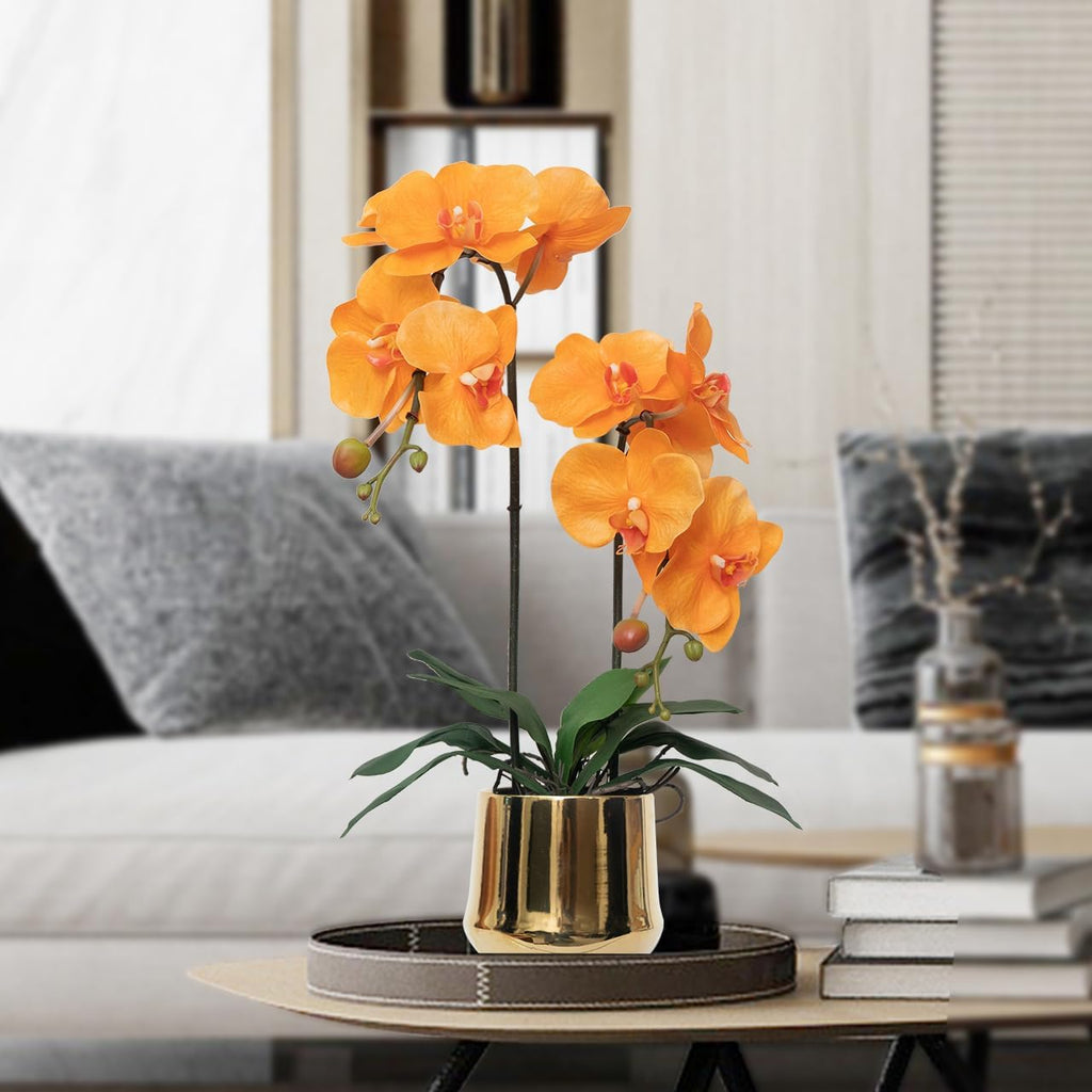 Orchids Artificial Flowers Realistic Fake Flowers in Ceramic Pot 20" Orange Lifelike Faux Floral Arrangement Soft PU