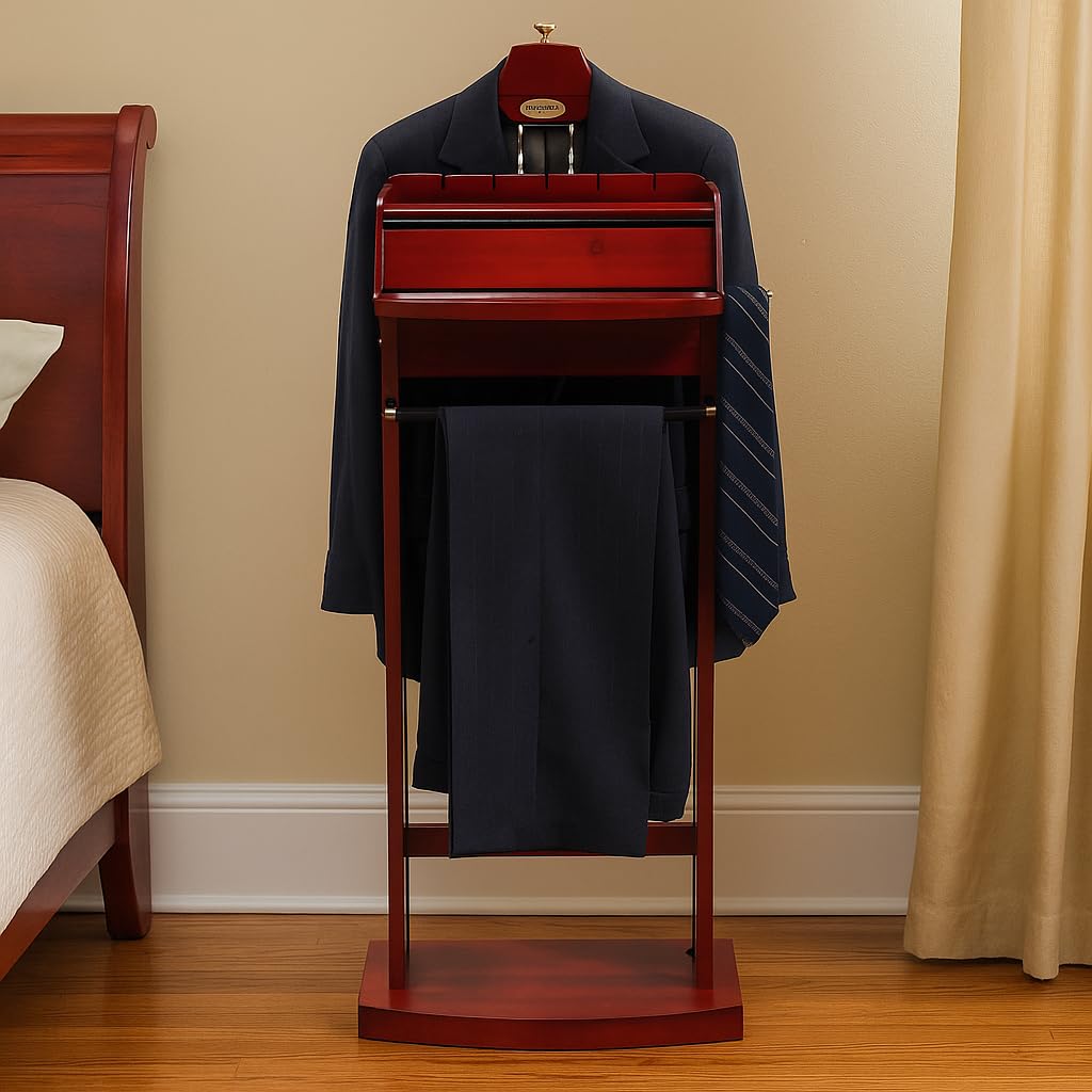 Excalibur Wardrobe Wood Valet Stand with Power Extension, Large Storage Compartment, Contour Hanger, Trouser