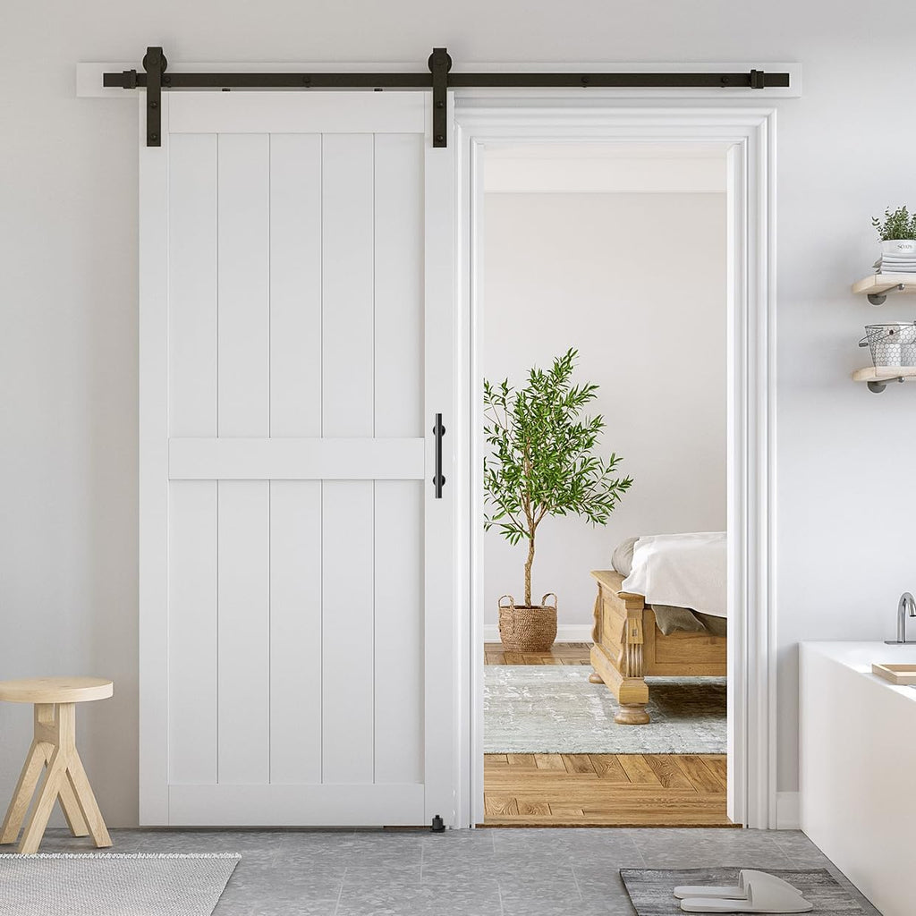 36 x 84 inch White Sliding MDF Barn Door with 6.6FT Black Sliding Door Hardware Kit & Handle, Pre-Dr