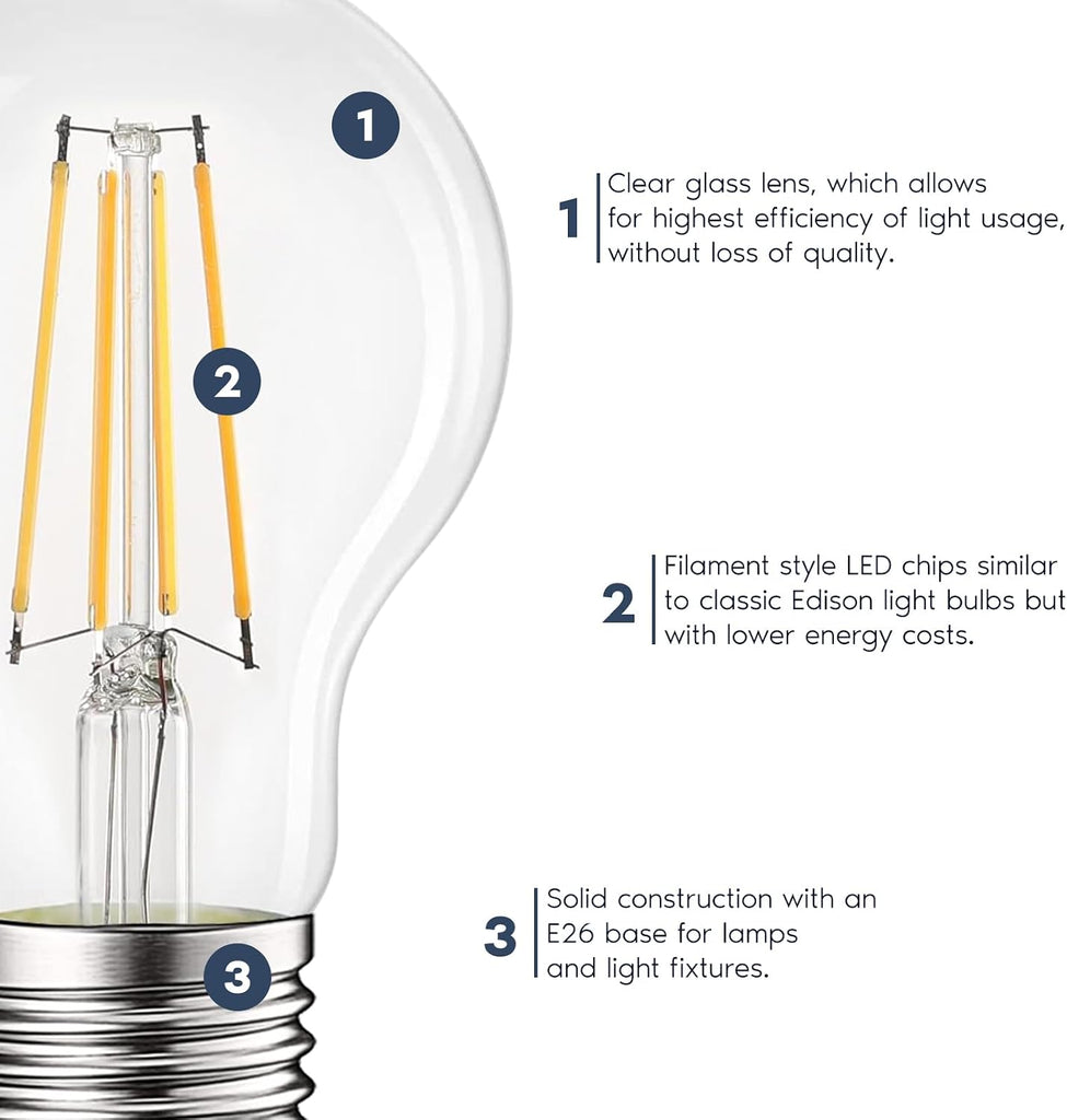 Vintage A19 LED Light Bulbs 60W Equivalent, 3000K Soft White Dimmable, 800 Lumens, Standard LED Edison Bulb 8W, UL
