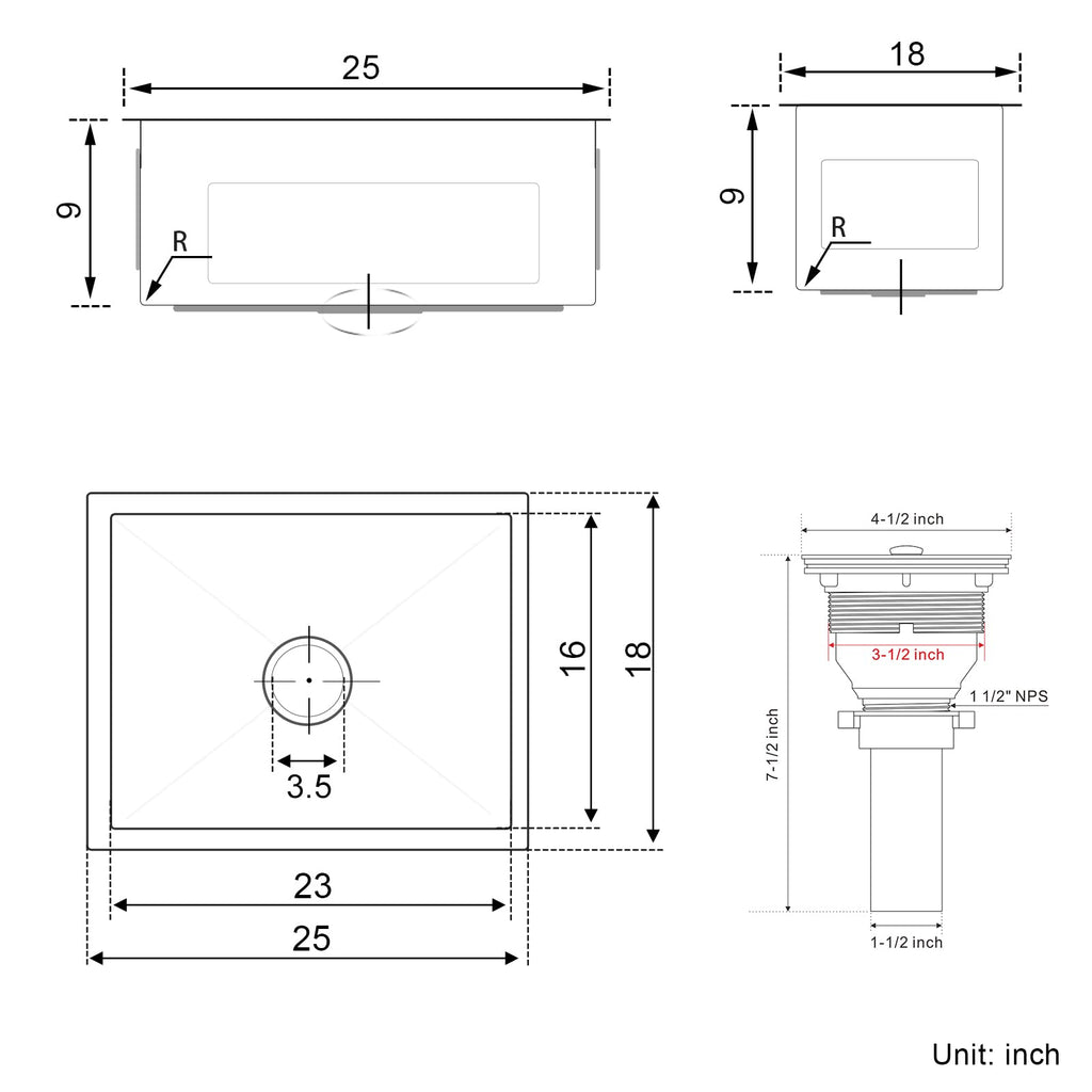 25x18 inch Black Undermount