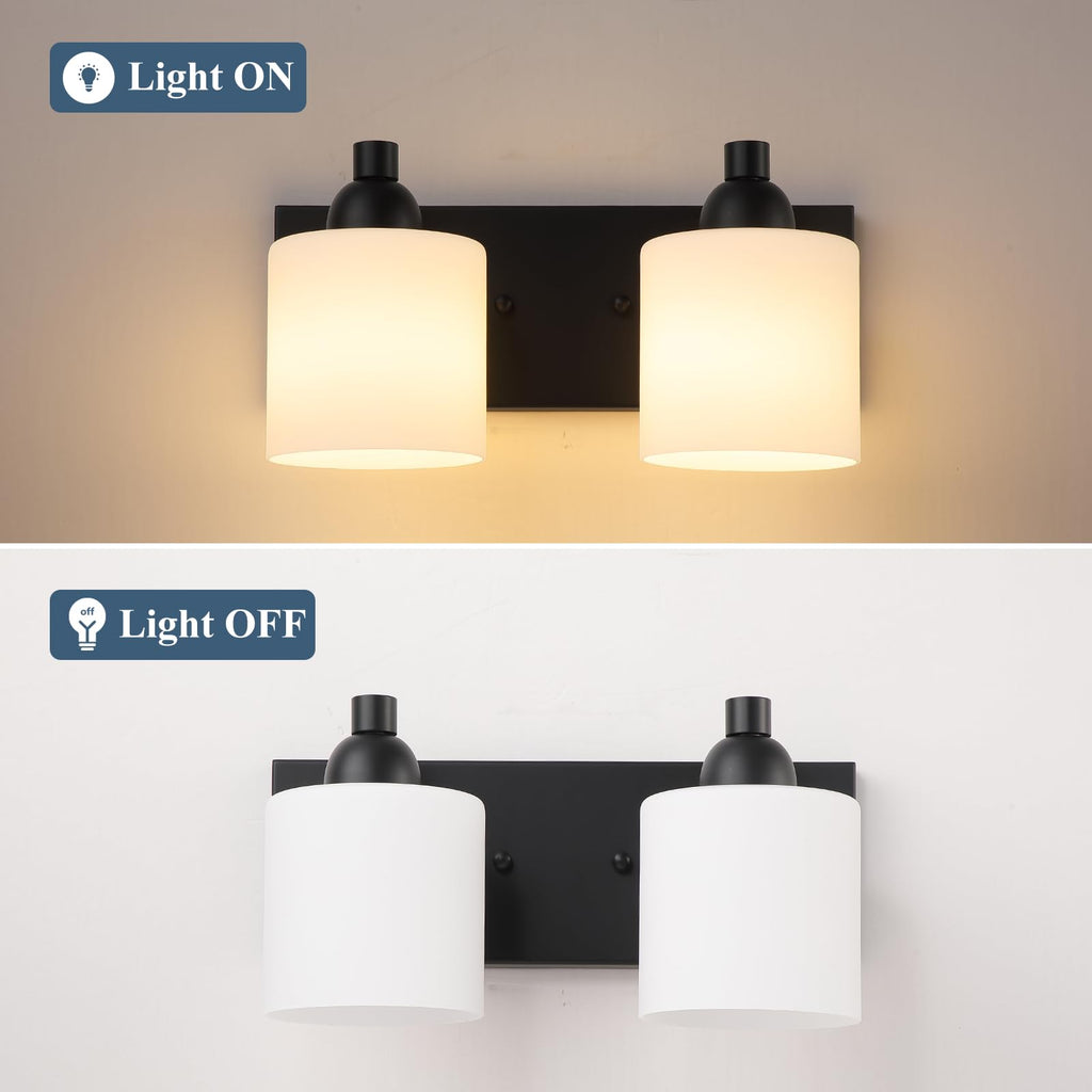 Milk Glass Vanity Lights, 2 Light Matte Black Bathroom Light Fixtures Over Mirror, Ceramic E26 Sockets Wall Mounted
