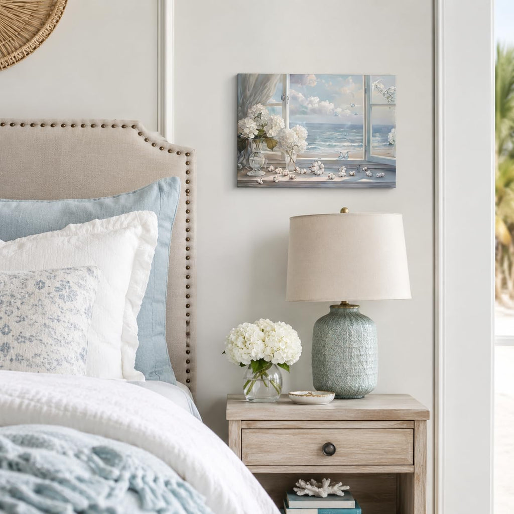 White Hydrangea & Coastal Window View Wall Art - Serene Ocean Landscape Canvas Print Decor