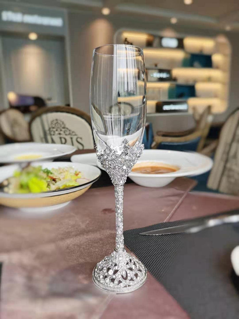 Champagne Flutes - Crystal Glass Metal Base With Crystal Stones, Set of 2 Toasting Flute Pair, Wedding Anniversary