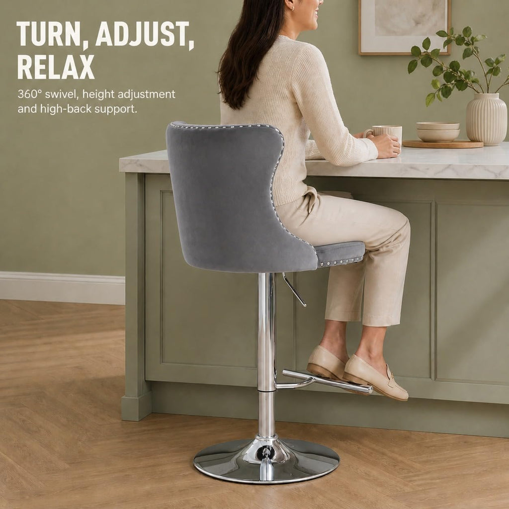 Swivel Counter Height Bar Stools Set of 4, Gray Kitchen Island Barstools, Velvet Adjustable Bar Chairs, Tufted Back