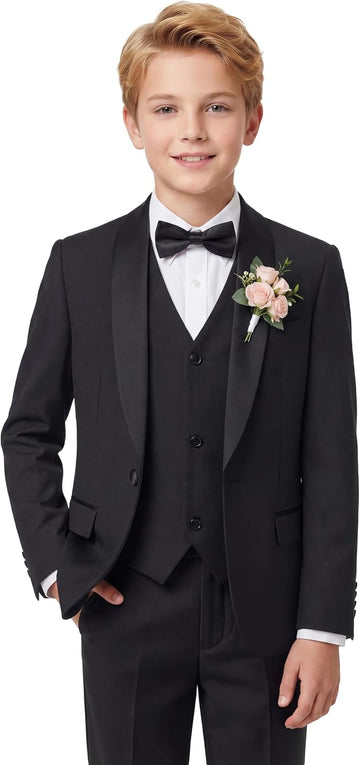 Boys 5 Pieces Tuxedo Suit Set Kids Suits Shawl Collar Jacket Pant Vest Bow Tie for Wedding Ring Bearer Party Prom