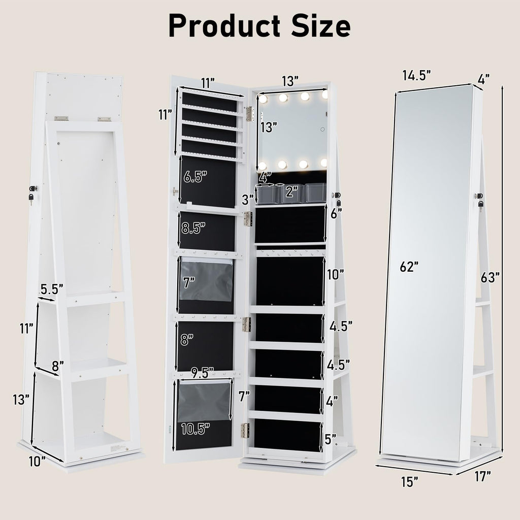 Swivel Jewelry Armoire with Full-Length Mirror & Lighted Makeup Mirror, 360° Rotating Jewelry Cabinet Organizer for