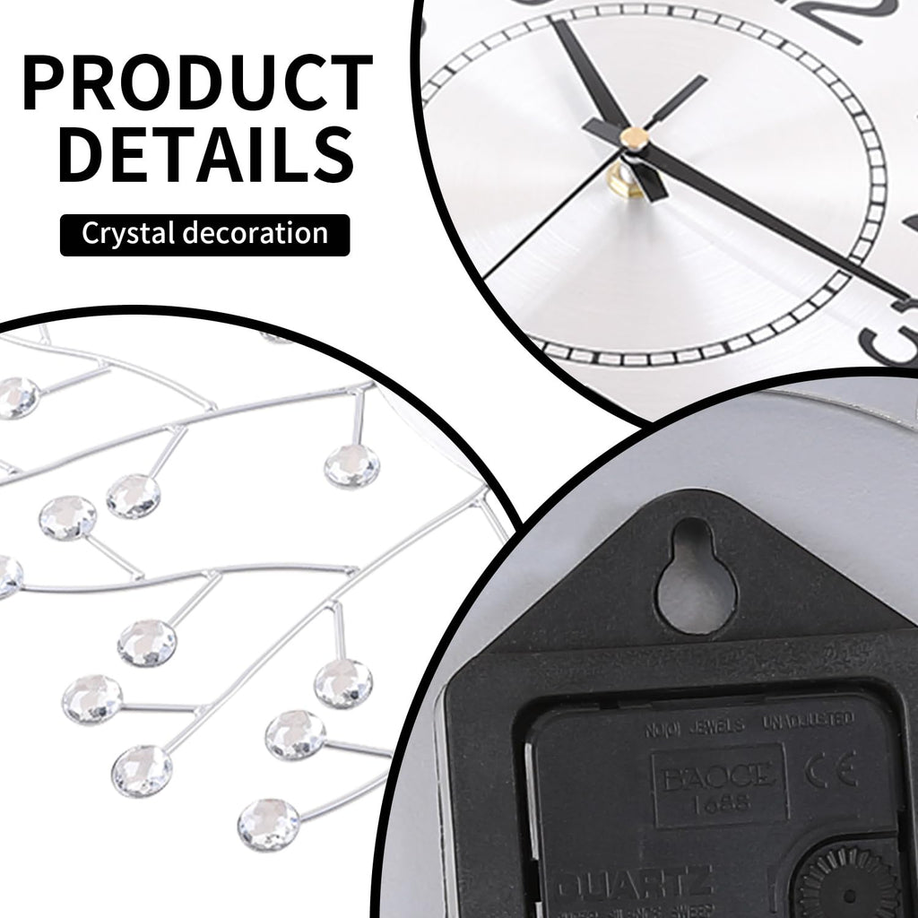 19.7 Inch Large Decorative Wall Clock Decor, Non-Ticking Quiet Modern Metal Starburst Bling Silver Crystal Wall Clock