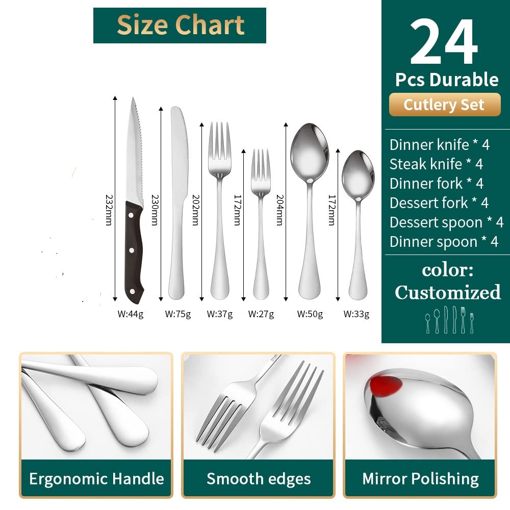 Modern Flatware Silverware Set for 4 Stainless Steel Cutlery 24 Pieces include Forks Spoons Knives Mirror Polished