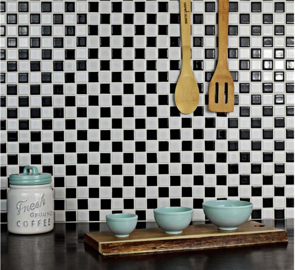 Black and White Checkerboard 1x1 Porcelain Mosaic Tile - Exact 1-1/16 in Chips, Shiny Gloss Finish Floor, Kitchen