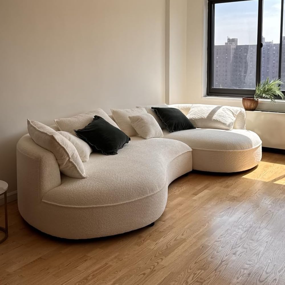 124.8" Modern Curved Sofa Couch, Upholstery Boucle Sofa with Pillows, Right Hand Facing Sectional Boucle Fabric Couch
