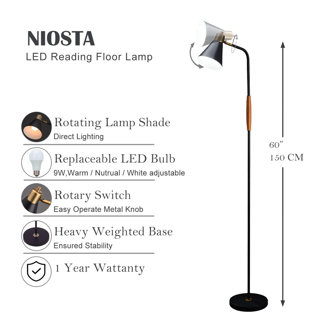 Reading Floor Lamp, Industrial Modern Style, 360 Degree Rotatable, Black & Brushed Copper Finsh, Height Adjustable, 3 CCT