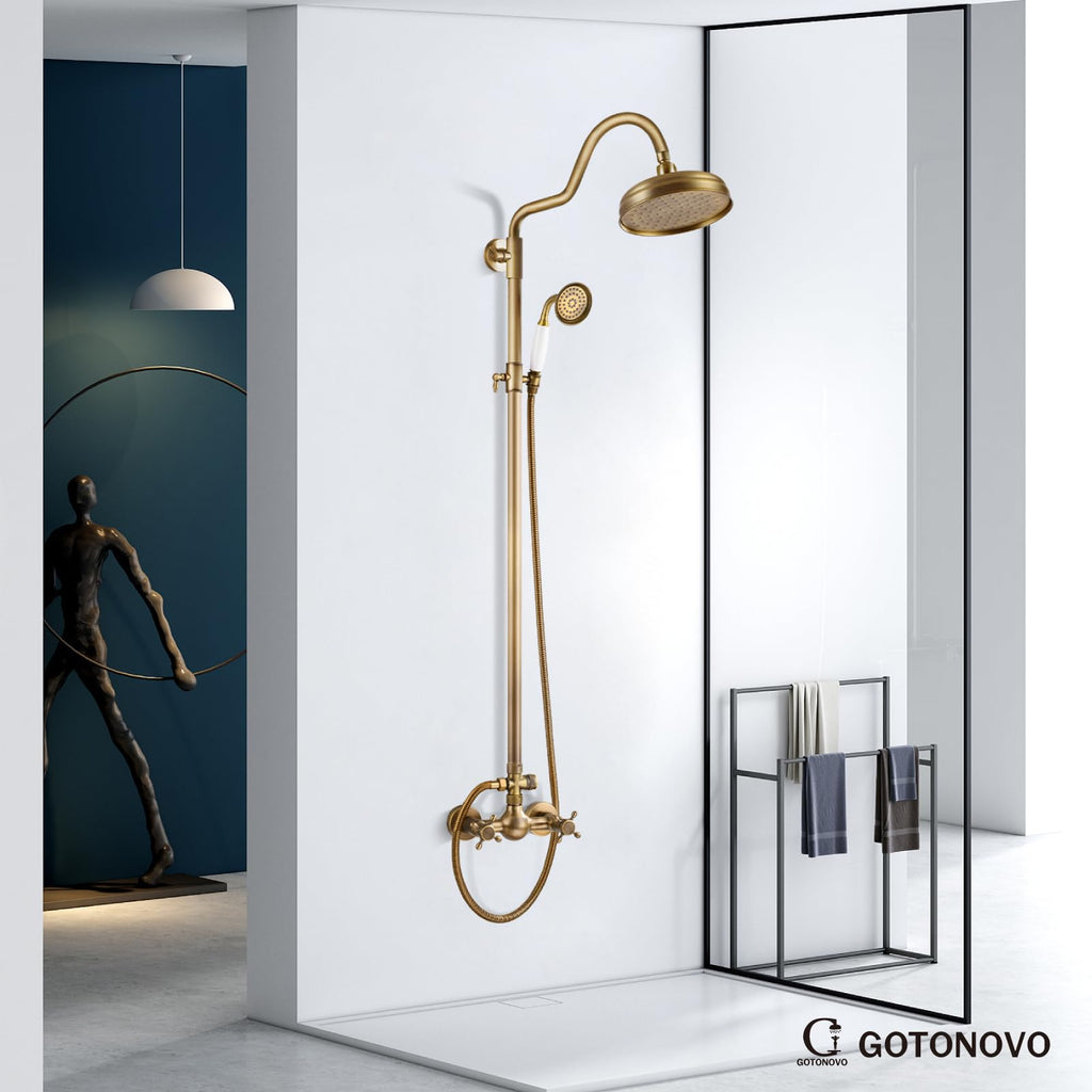 Exposed Shower Faucet Set Luxury,Antique Brass,Curved Arc Rod