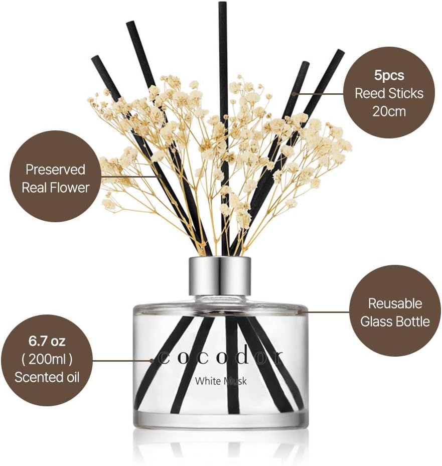 Flower Reed Diffuser Set / 6.7oz / White Jasmine/Scent Diffuser with Sticks Home Fragrance Reed Diffuser