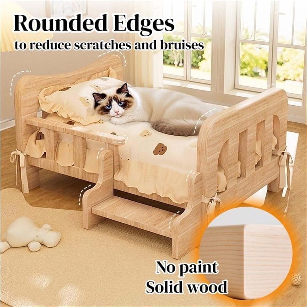 Solid Wood Pet Bed for Small and Medium Dogs, Elevated Wooden Dog Bed with Cushion and Mat, Pet Sofa for Indoor