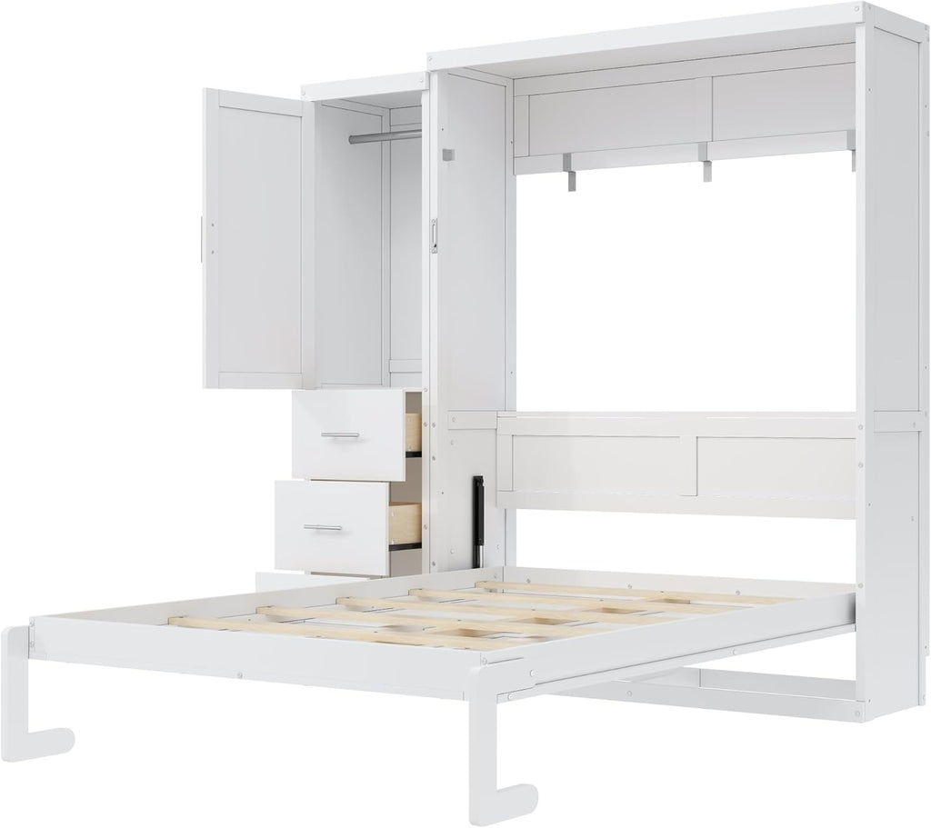 Full Murphy Bed with Drawers and Wardrobe,Multifunctional Foldable Wood Platform Bed Frame for Small Spaces Studio