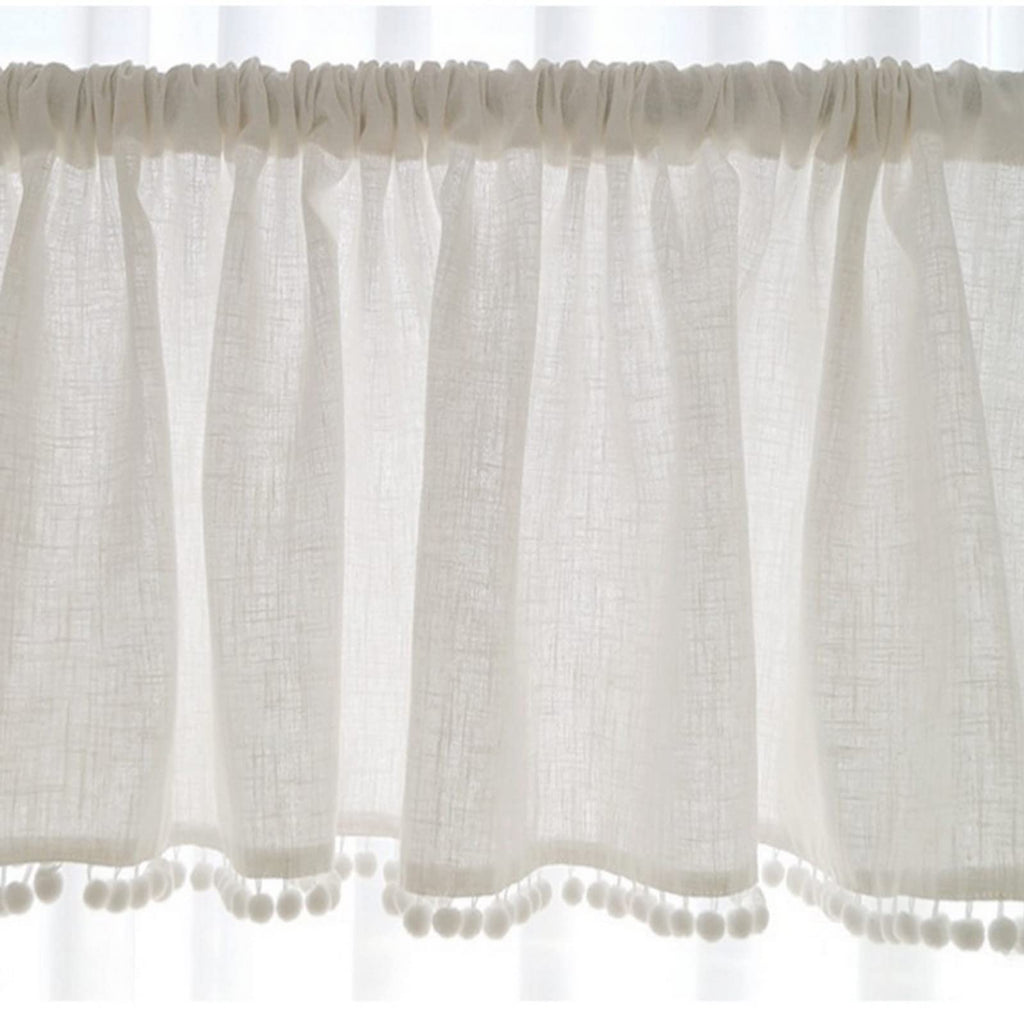 Short Curtain for Small Window Solid White Sheer Cotton Linen with Pompom Tassel Window Treatment Valance Window