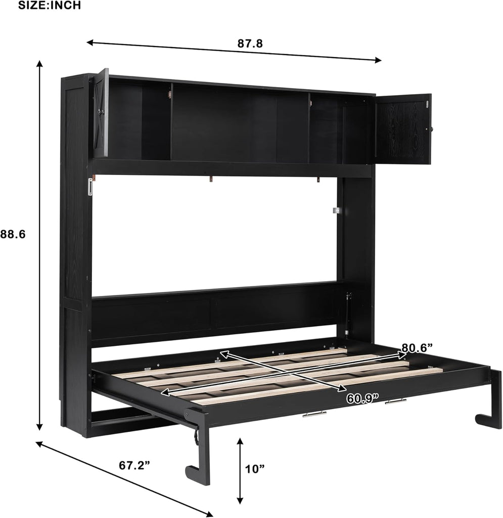 Queen Murphy Bed with Storage Cabinets, Wood Murphy Bedframe with Bookcase Shelves, Folding Wall Bed Cabinet for