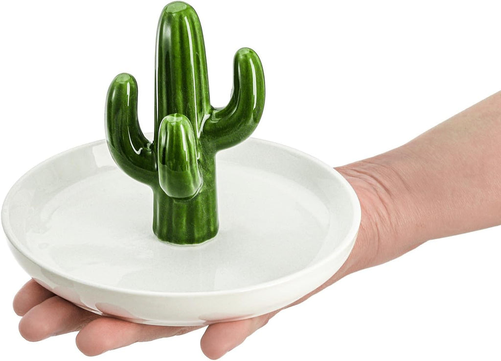 Ceramic Ring Holder Dish, Decorative Round Jewelry Display Trays, Aloe & Cactus Small Trinket Plate, Gift - Set of 2
