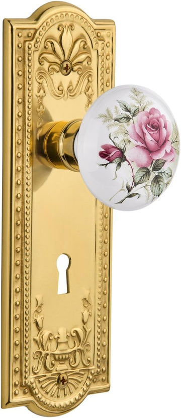 Meadows Plate with Keyhole White Rose Porcelain Knob, Single Dummy, Unlacquered Brass