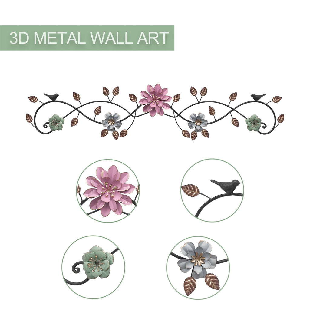 Metal Flower Wall Art above Door: 3D Floral Wall Décor above Window with Bird Leaves - 32.28" French Country