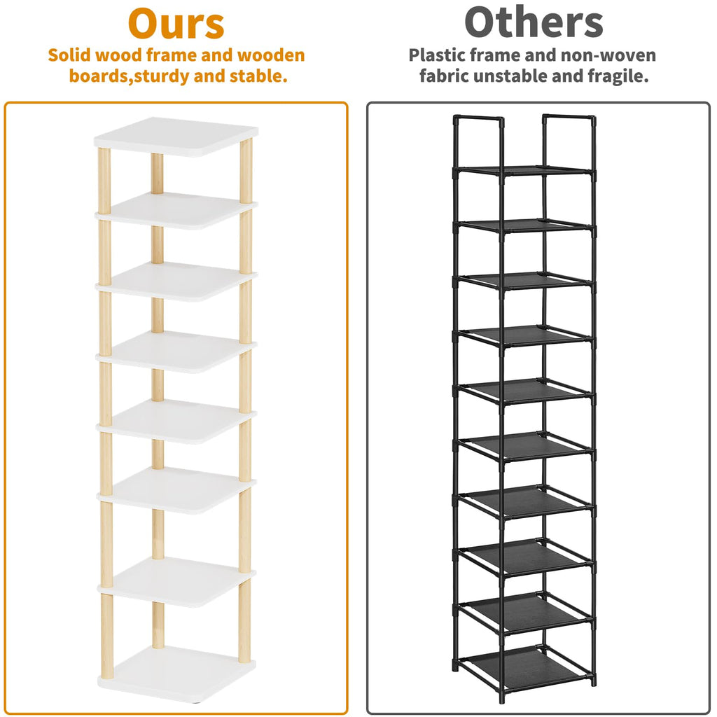 8 Tiers Vertical Shoe Rack, Tall Narrow Shoe Tower, Corner Shoe Rack, White