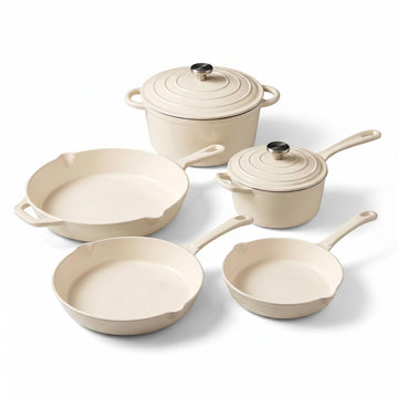 Enameled Cast Iron Cookware Set, 5-Piece Pots and Pans Set with Lids, Skillet, Frying Pan, Saucepan & Dutch Oven for