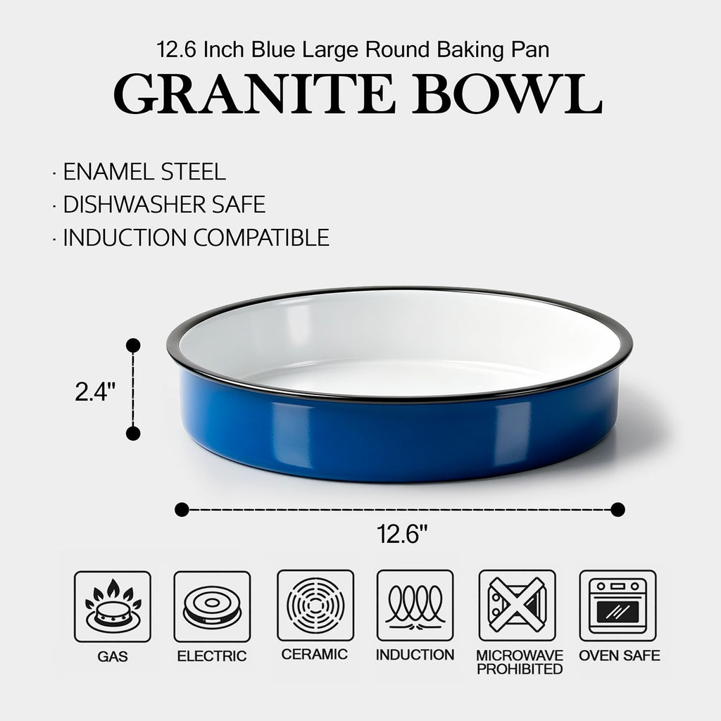 12 Inch Enamel Roasting Pan for Induction Cooktops Round Baking Pan, Thanksgiving Turkey Christmas Ham Lasagna & Pizza