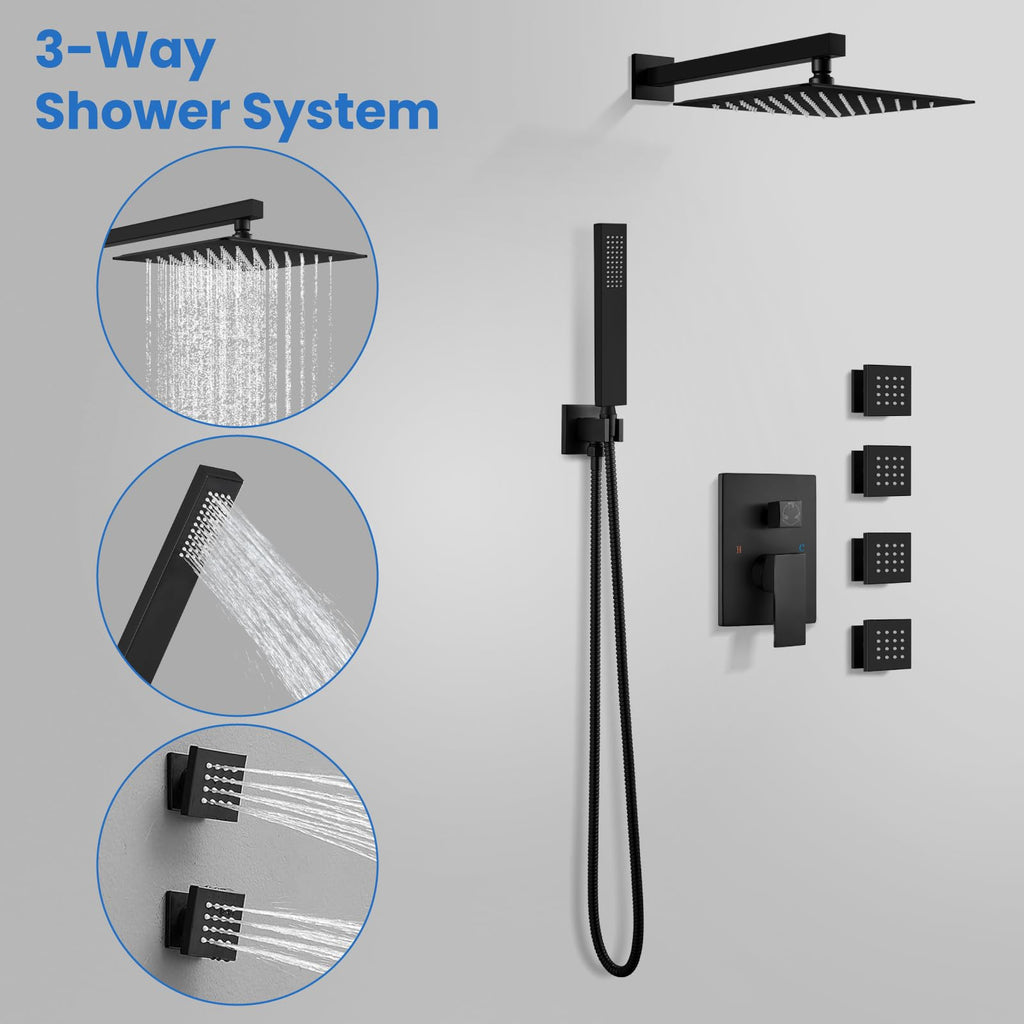 Rainfall Shower System with Full Body Jets 4pcs Matte Black