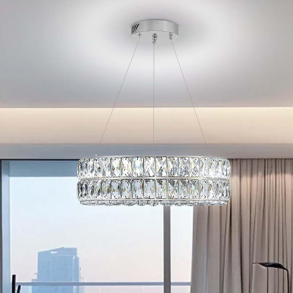 Led 15.7" Silver Ring Crystal Chandelier, Modern Dimmable Chandeliers Lighting and Hanging Adjustable, LED Round Ceiling Light Fixtures for Dining Room Living Room A122-B0D841L8QY