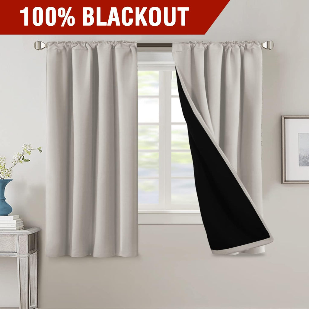 100% Blackout Curtains with Black Liner Full Room Darkening Curtains 45 Inch Long Thermal Insulated Back Tab/Rod