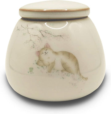 White Porcelain Cat Urn with Sleeping Kitty Pattern, 0.22L Capacity