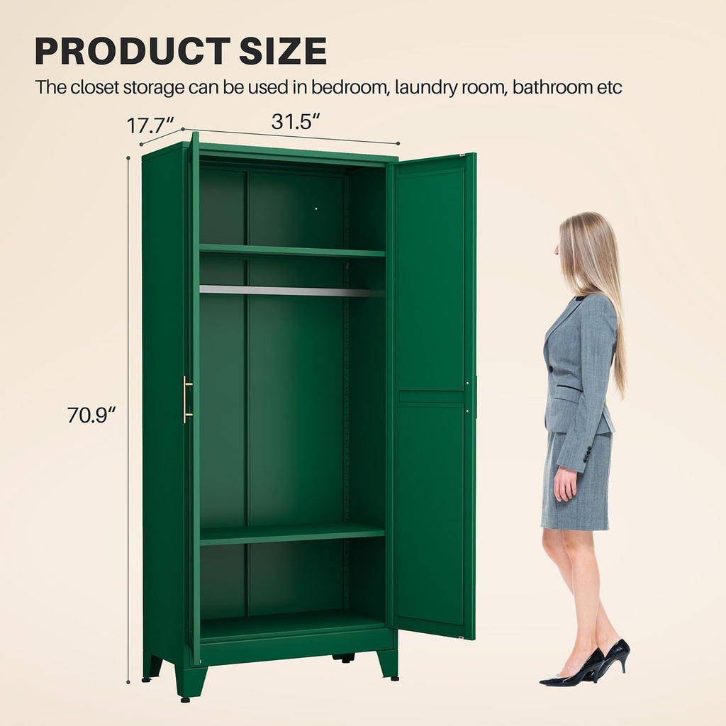 Metal Armoire Wardrobe Closet with 2 Doors, 71" Wardrobe Cabinet with Adjustable Shelves and Hanging Rod, Clothing