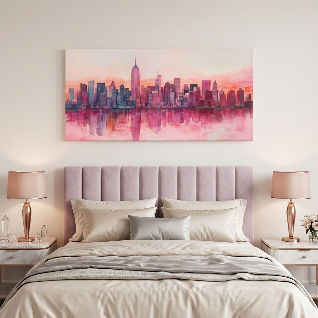 York City Skyline Canvas Wall, Pink Watercolor Manhattan Cityscape Print, Modern Urban Decor Bedroom Office