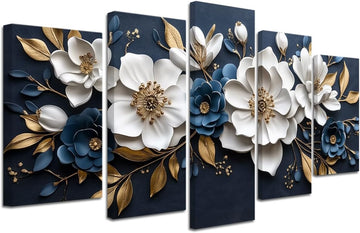 Luxury White and Gold Floral 3D Wall Art 5 Pieces Flower Picture Canvas Prints Abstract Elegant White Floral Painting