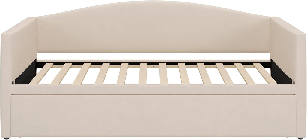 Twin Daybed with Trundle, Velvet Upholstered Day Bed with Pop Up Trundle & Soft Padded Backrest, Twin to King
