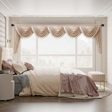 Japanese Style Modern Curtain Valance Faux Linen Curtain Solid Coffee with Beige Tassel Valance(138inch, 1 Panel)