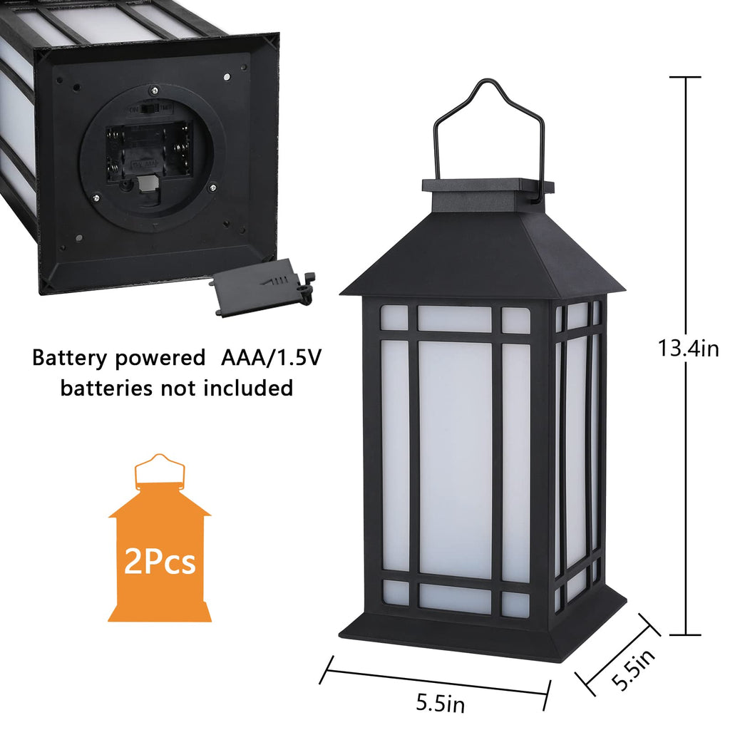 13 Inch Outdoor Decorative Lanterns with LED Candle Timer 2 Pack Black