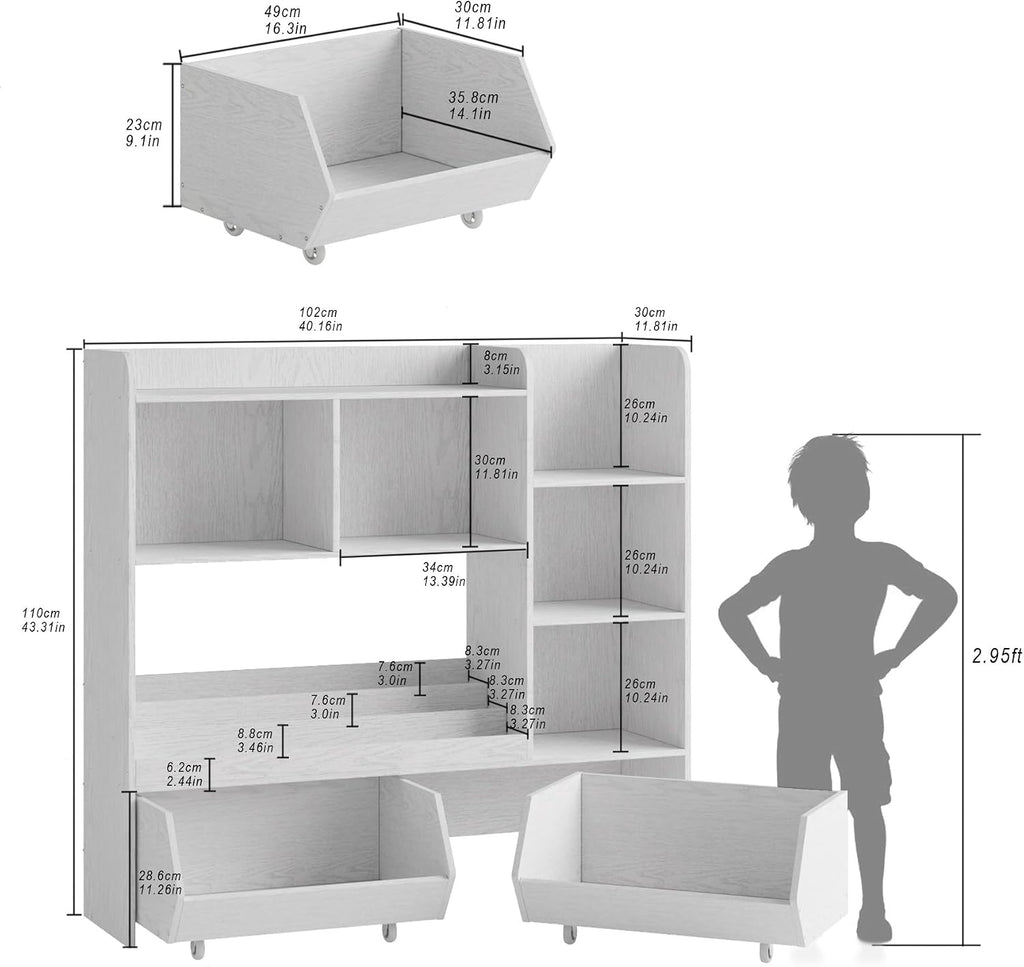 Kids Bookshelf and Toy Storage Organizer with 2 Rolling Bins, 5-Tier Open Wooden Bookcase for Children's Bedroom