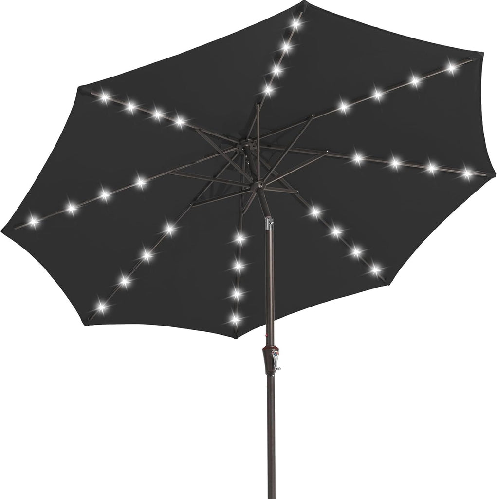 9FT Outdoor Patio Umbrella with Solar Lights, LED Lighted Pool Umbrella with Tilt and Crank - Jet Black