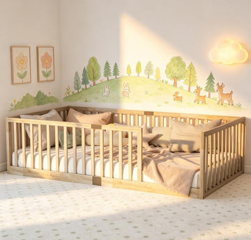Floor Bed for Kids, Floor Bed with High Fence and Slats, Wooden Montessori Beds for Kids, Natural