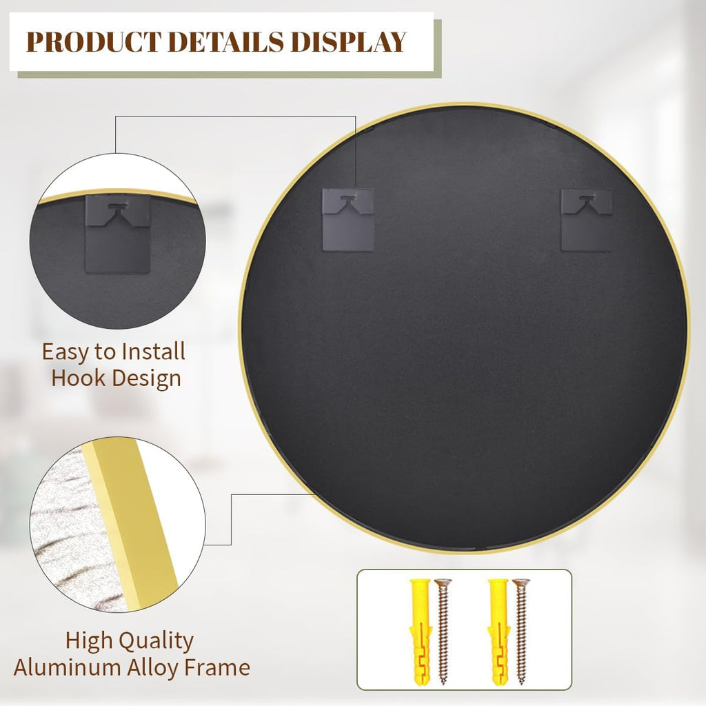 24 Inch Round Mirror, Metal Frame Circle Mirror, Wall Mounted , Vanity, Living Room, Gold