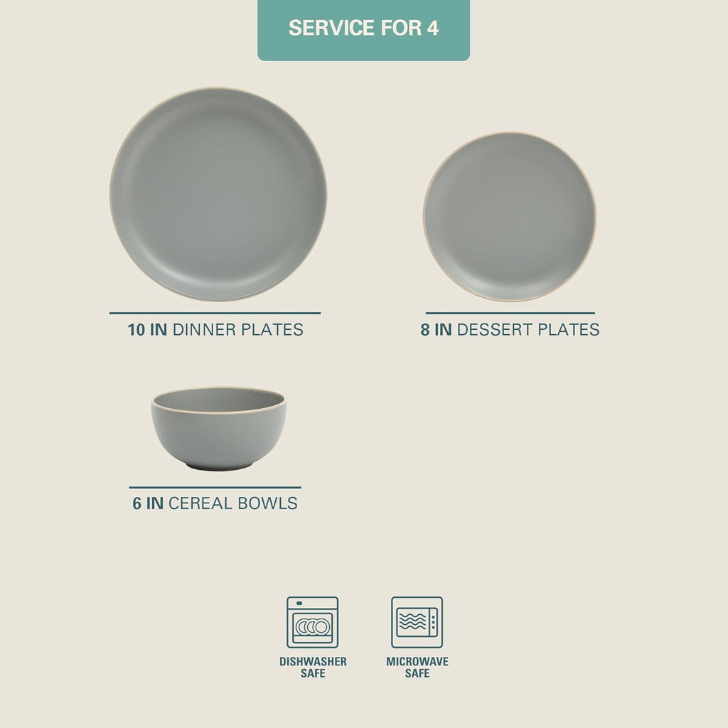 Rockaway 12-Piece Stoneware Dinnerware Set, Matte Finish, Service for 4, Modern Ceramic Plates and Bowls