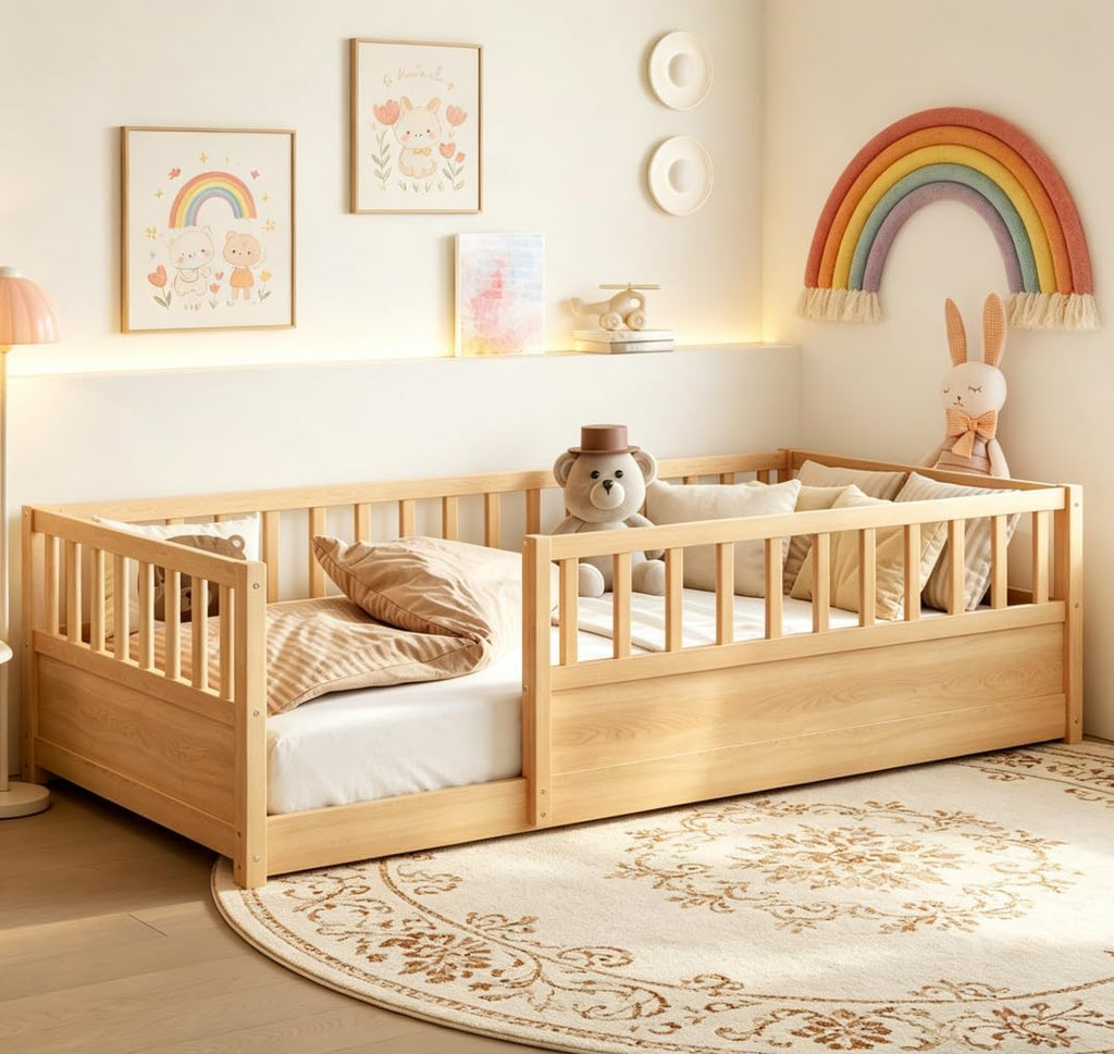 Twin Floor Bed with high Fence, Solid Pine Wood Montessori Bed for Kids Girls Boys Floor Bed Frame,Natural with slats