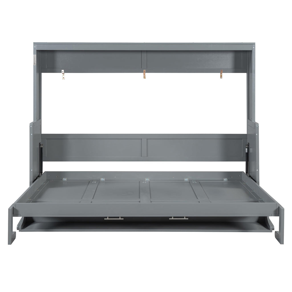 Queen Size Murphy Bed, Wood Murphy Wall Bed with Hydraulic Lift & Desk Design, Gray