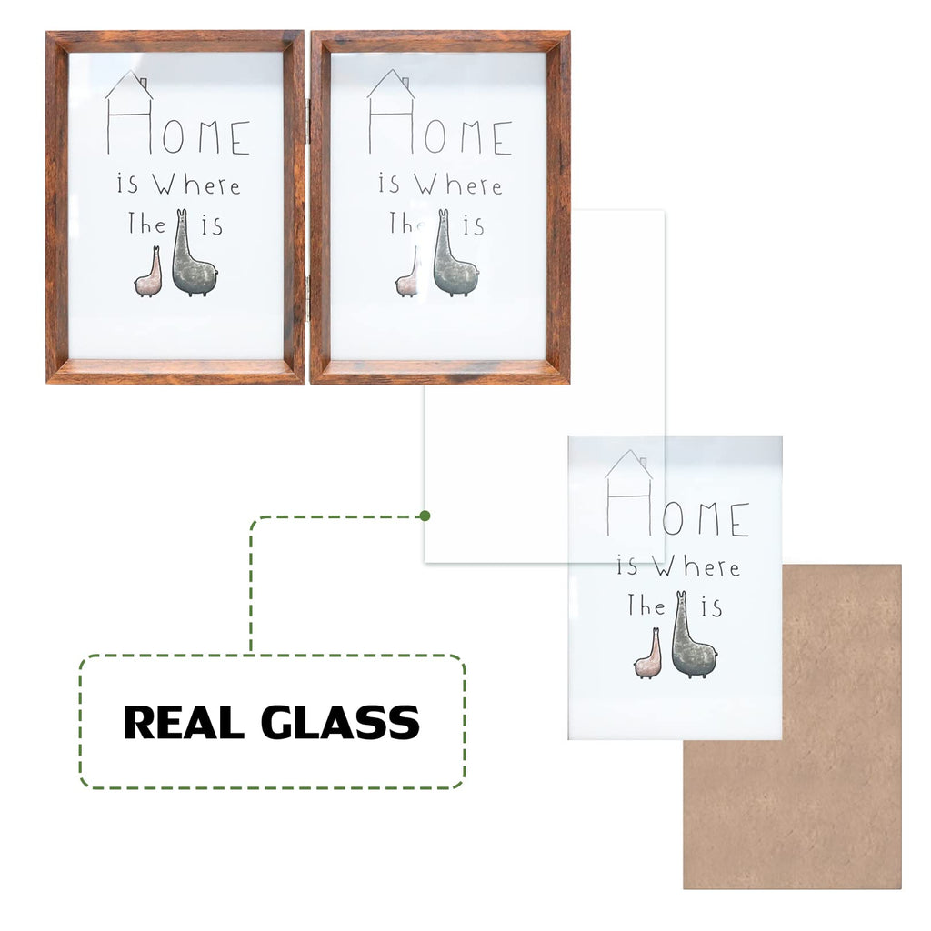 4x6 Double Picture Frame Rustic Brown Wooden Hinged Beveled Photo Frame Definition Glass 2 Vertical Openings Stand on