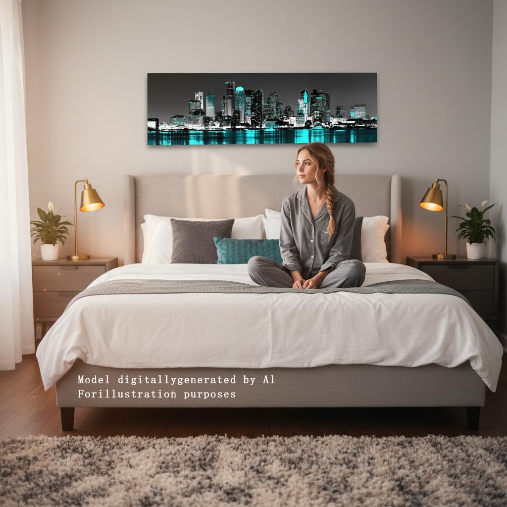 Boston Skyline Canvas Wall Modern Cityscape Decor Framed 14x48in
