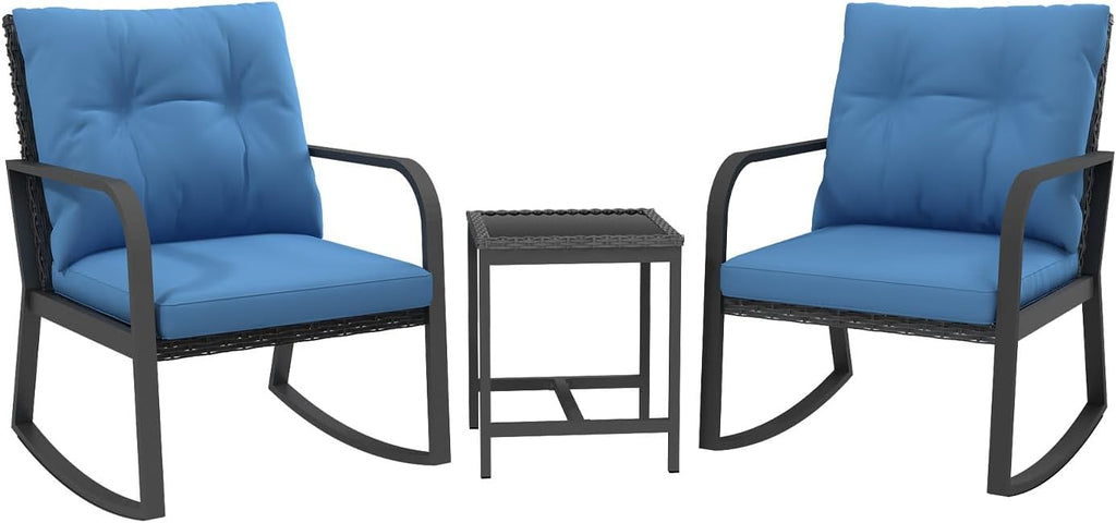 Bistro 3 Piece Patio Furniture Set, Patio Table and Rattan Outdoor Rocking Chairs Set of 2, Outdoor Bistro